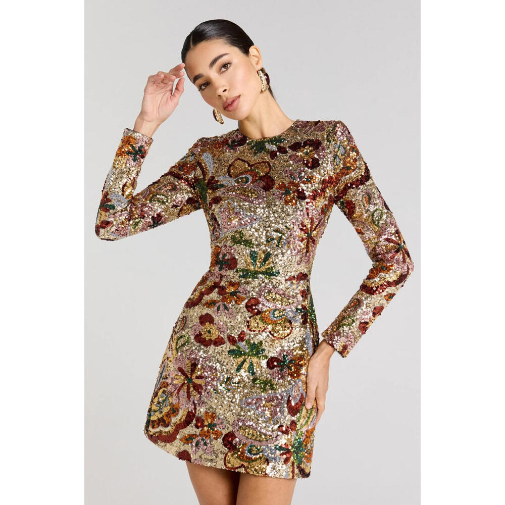 NADINE MERABI Multi-Color Sequined Floral Long-Sleeve Mini Dress